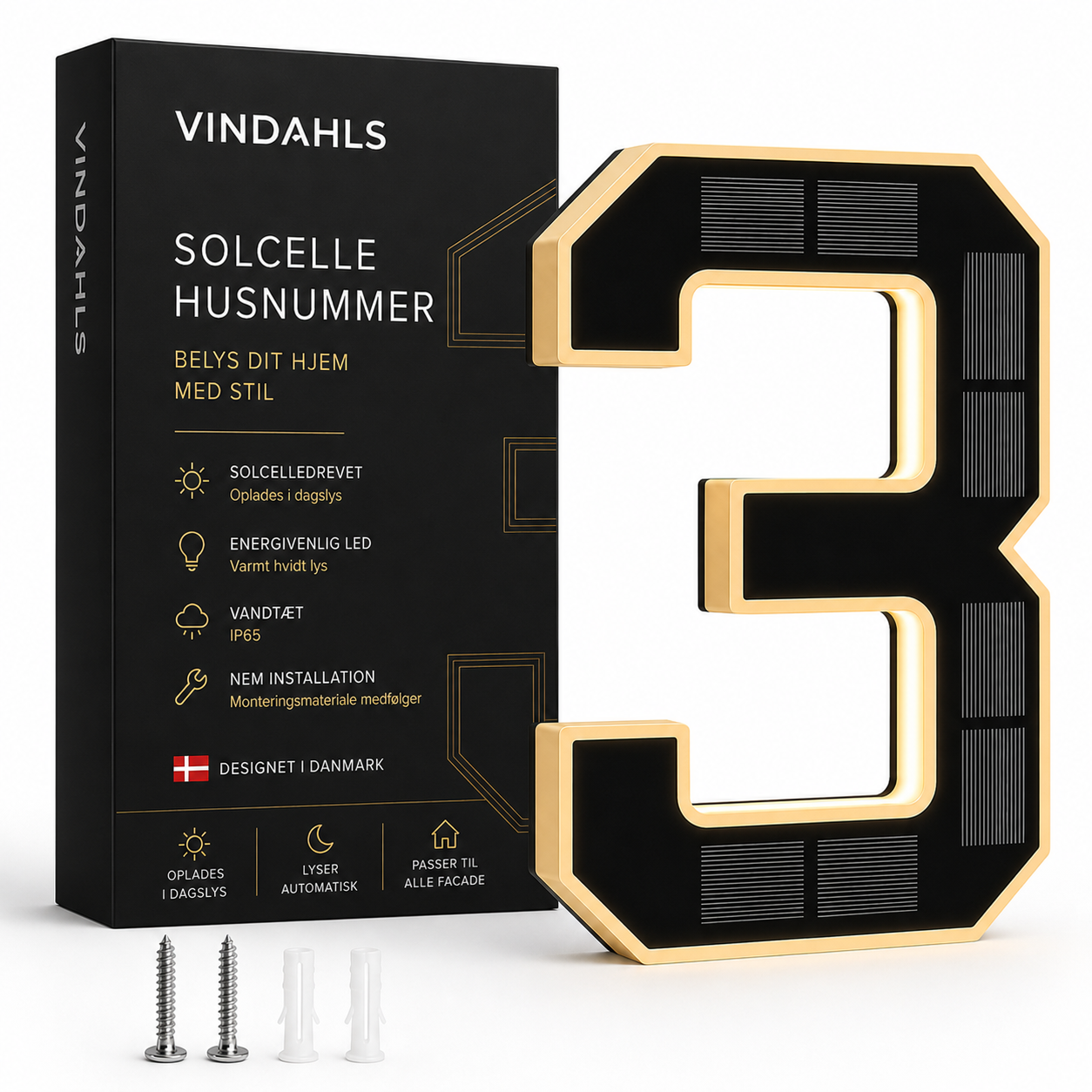 Vindahls Husnumre | Oplyste & Soldrevne